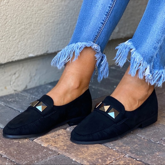 Black Studs Vamp Boyfriend Slip On Loafer Flats - Picture 6 of 8
